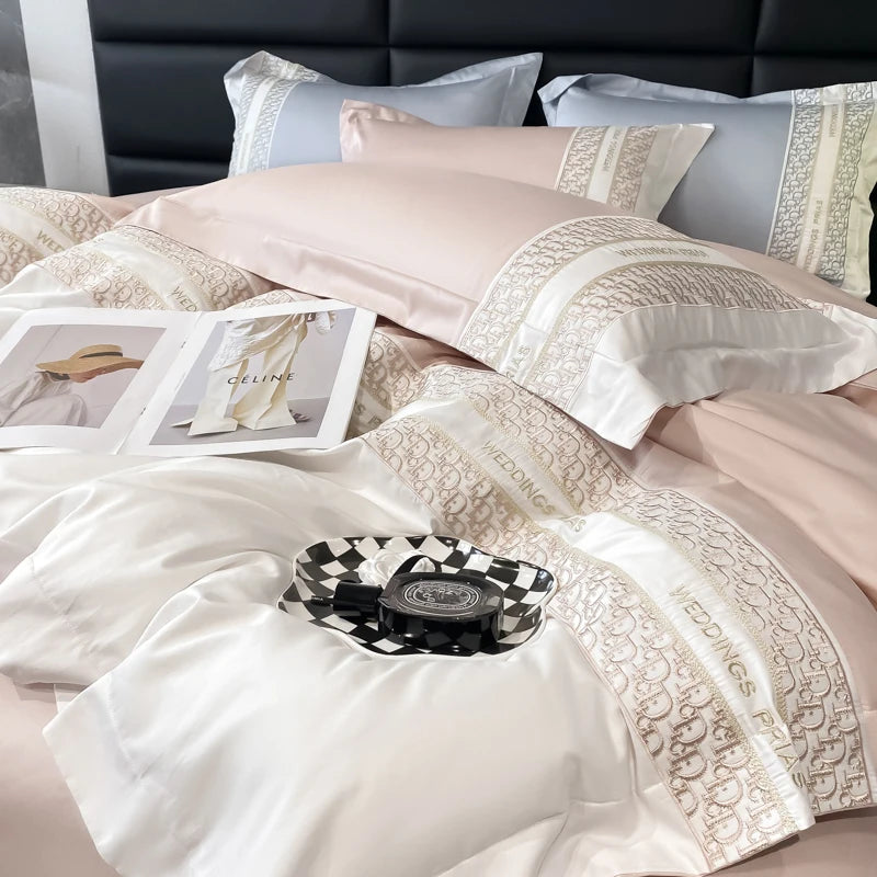 Luxury Embroidery 100% Cotton Bedding Set - Duvet Cover, Bed Sheet & Pillowcase