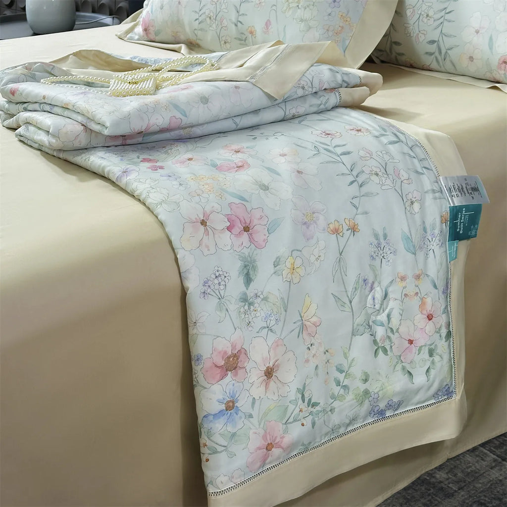4-Piece Floral Plant Print 500TC Lyocell Summer Comforter Set | Soft Silky Cooling Bedding |