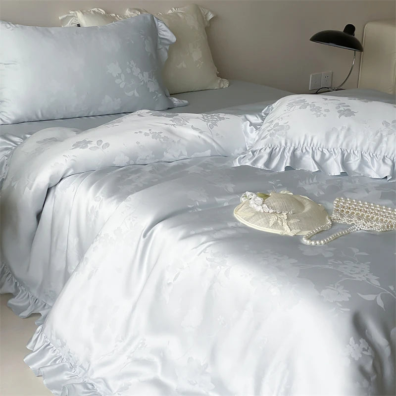 600TC Egyptian Cotton Flowers Jacquard Ruffles Luxury Bedding Set - 4 Pieces