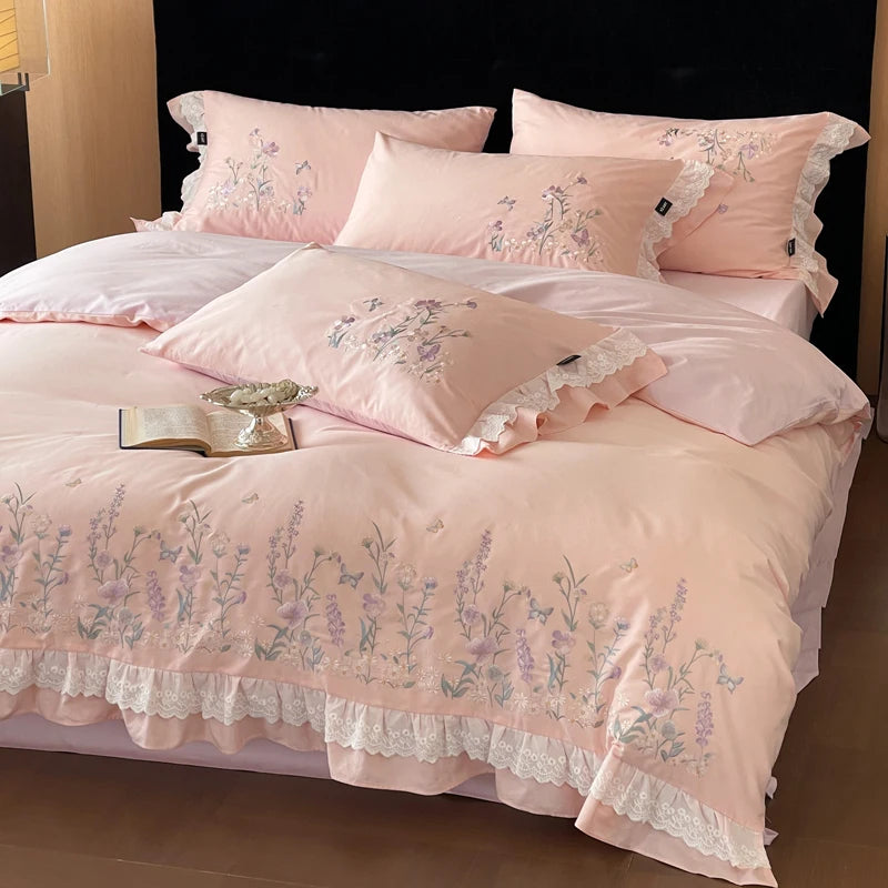 100% Cotton Chic Floral Embroidery Lace Ruffles Korean Princess Style Bedding Set |