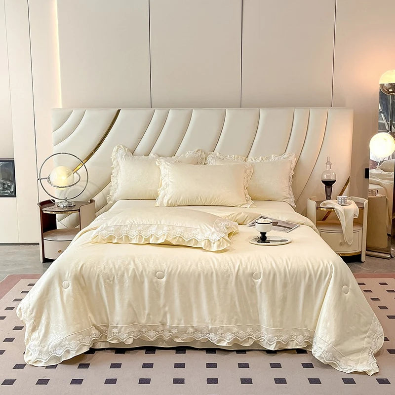French Jacquard Summer Quilt Set - Snow Lotus Tencel Bedding | 3 or 4 Pieces | Romantic Style