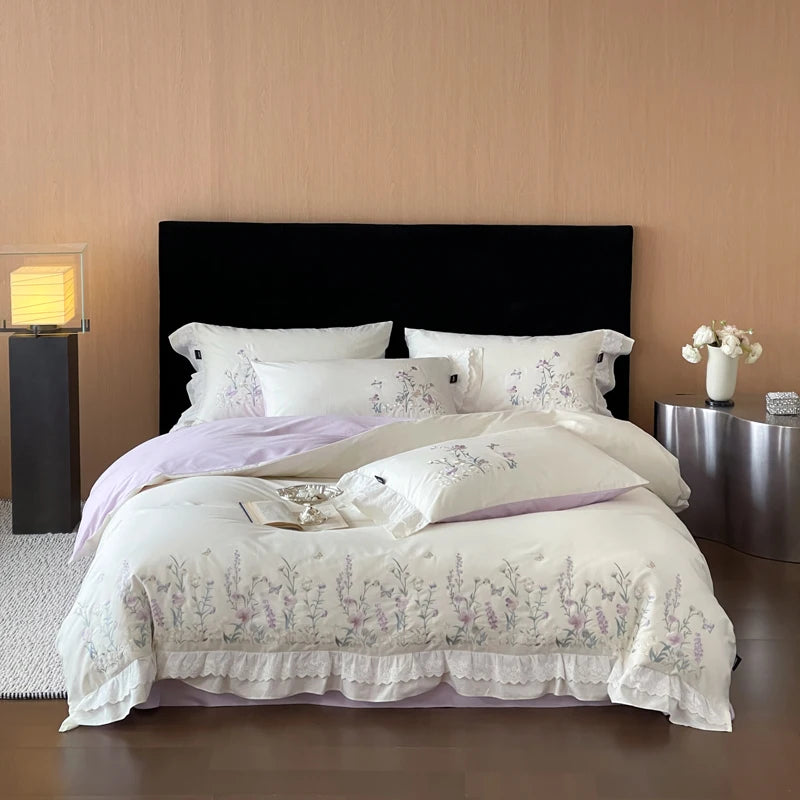 100% Cotton Chic Floral Embroidery Lace Ruffles Korean Princess Style Bedding Set |