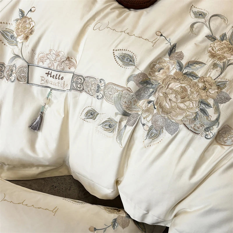 Floral Embroidery Luxury Bedding Set - 1000TC Egyptian Cotton | 4 Pieces