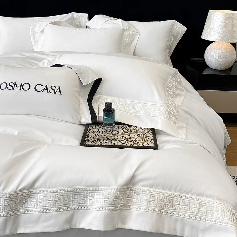 600TC Egyptian Cotton White Luxury Embroidery Set - 4 Pieces