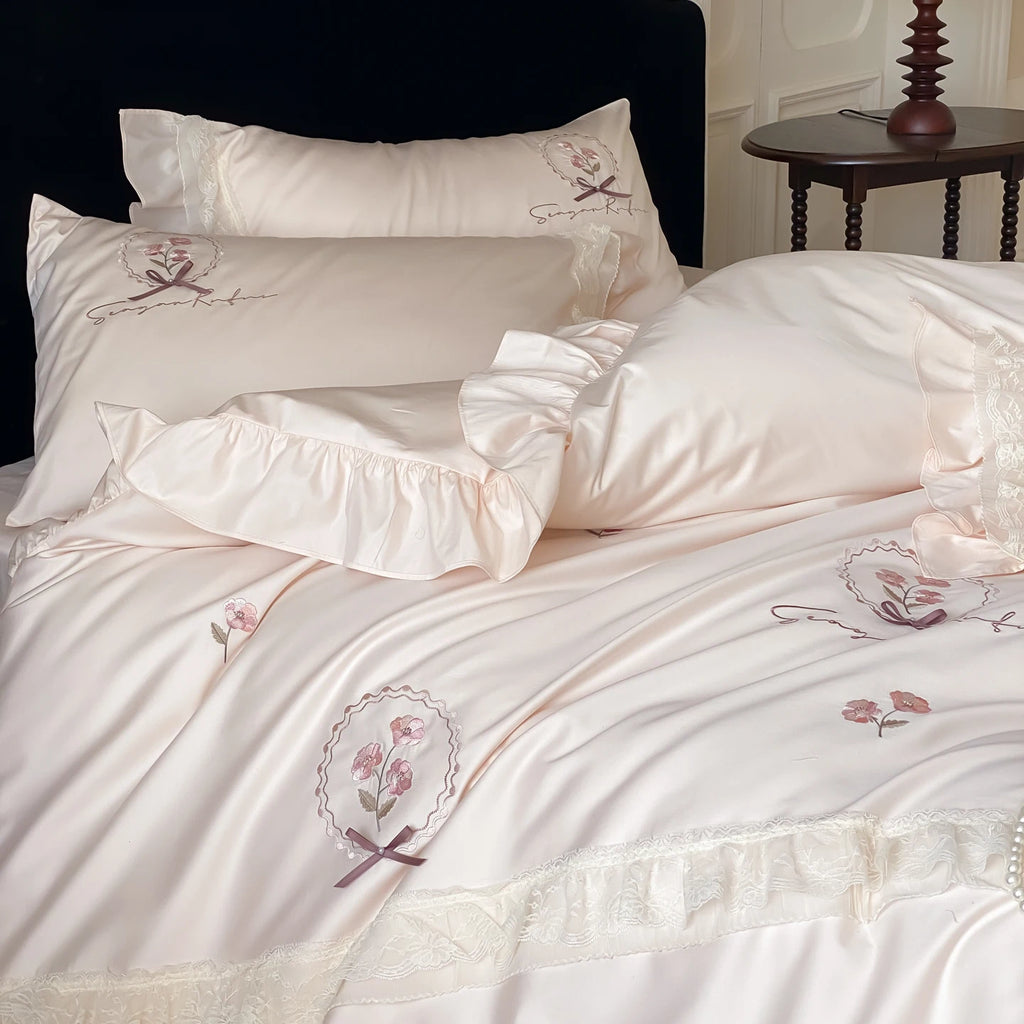 Pink Flowers Embroidery Lace Ruffles Bedding Set - 600TC Egyptian Cotton | 4 Pieces