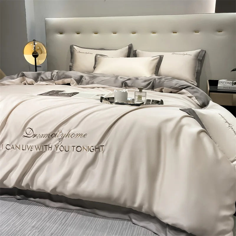Luxury Letter Embroidered Silky Satin Duvet Cover Bedding Set | Solid Color |