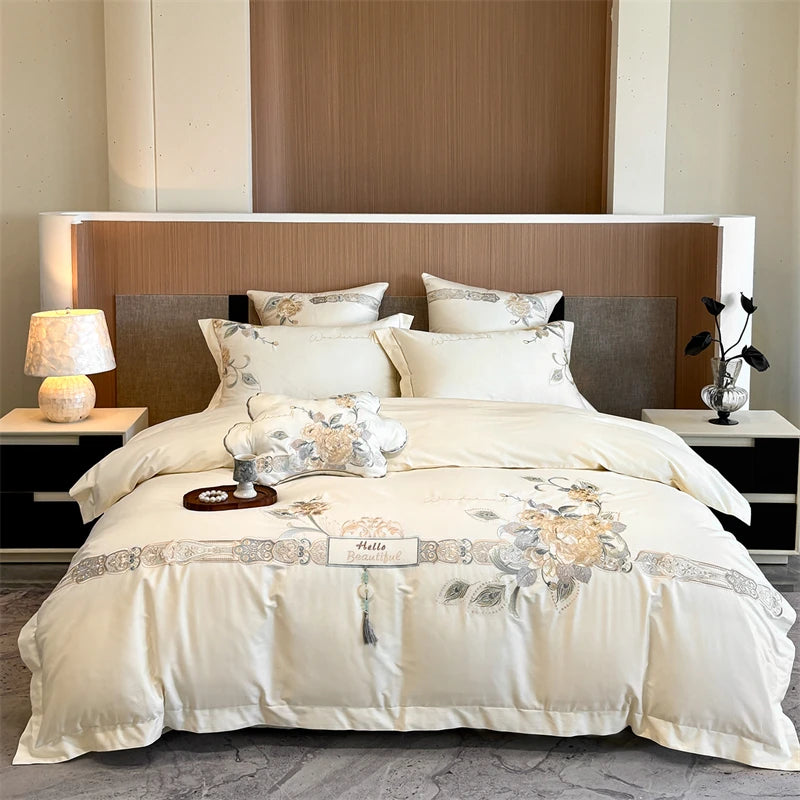 Floral Embroidery Luxury Bedding Set - 1000TC Egyptian Cotton | 4 Pieces