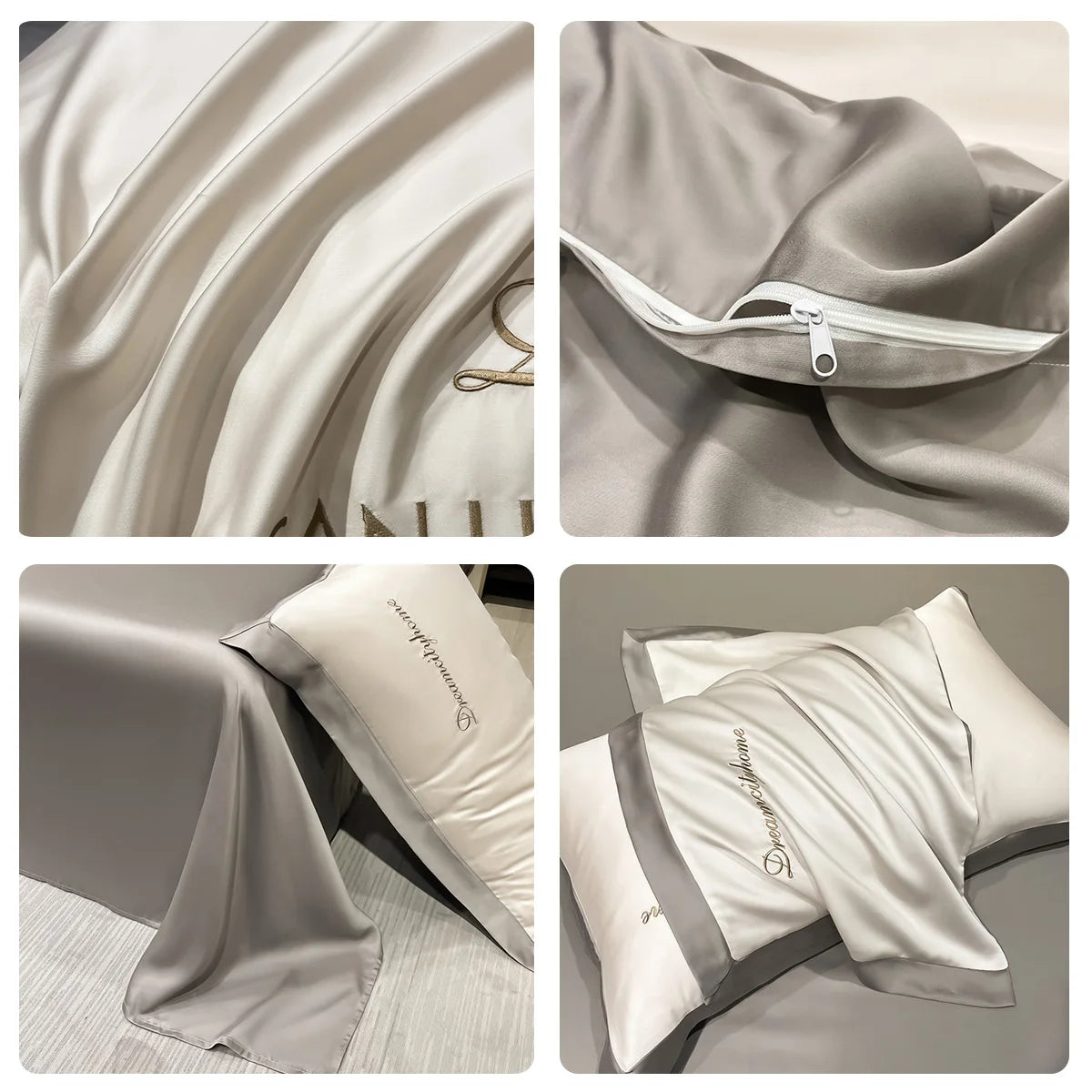 Luxury Letter Embroidered Silky Satin Duvet Cover Bedding Set | Solid Color |