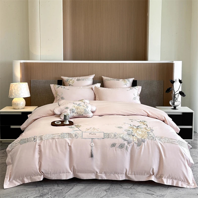 Floral Embroidery Luxury Bedding Set - 1000TC Egyptian Cotton | 4 Pieces
