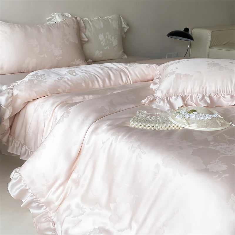 600TC Egyptian Cotton Flowers Jacquard Ruffles Luxury Bedding Set - 4 Pieces