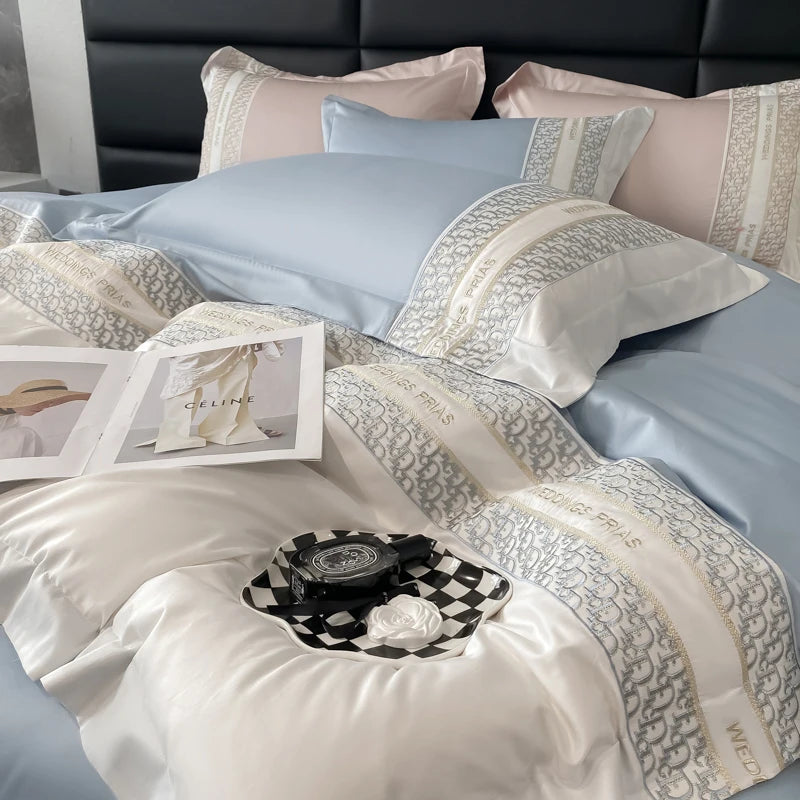 Luxury Embroidery 100% Cotton Bedding Set - Duvet Cover, Bed Sheet & Pillowcase