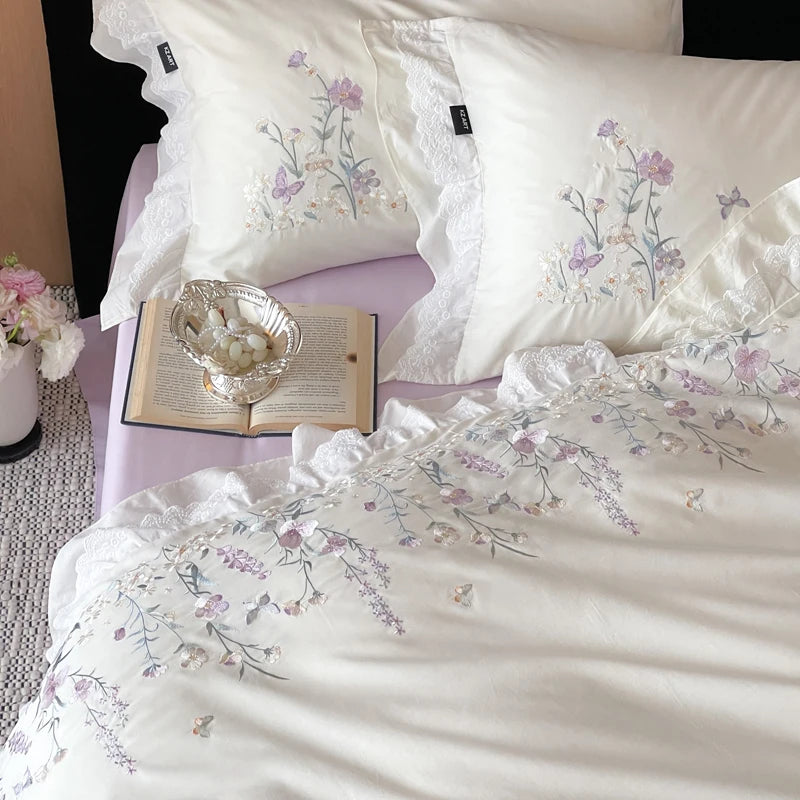 100% Cotton Chic Floral Embroidery Lace Ruffles Korean Princess Style Bedding Set |