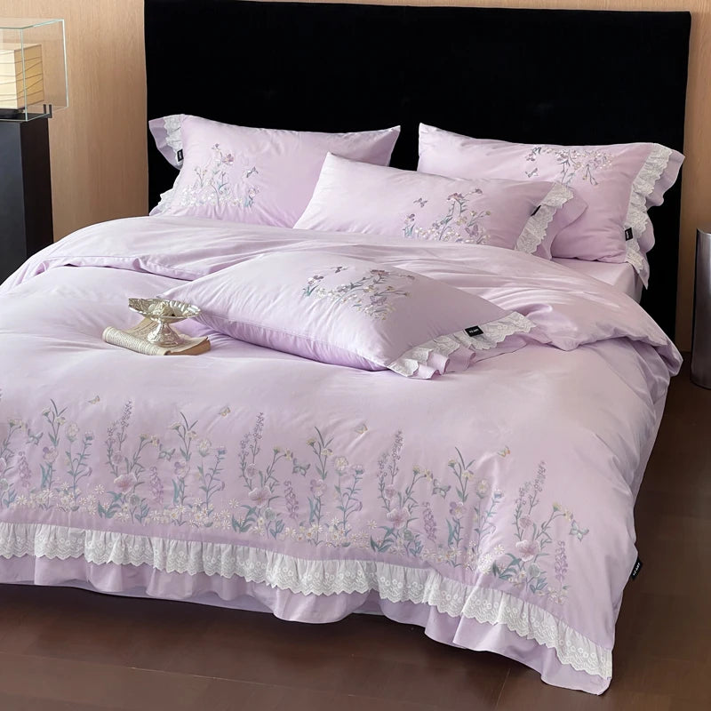 100% Cotton Chic Floral Embroidery Lace Ruffles Korean Princess Style Bedding Set |