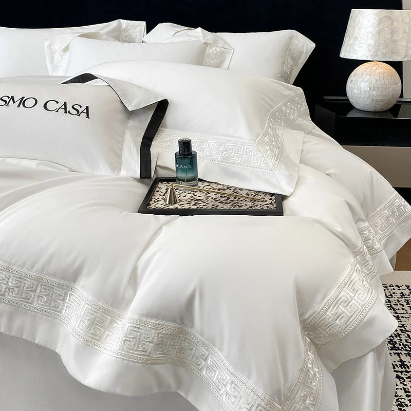600TC Egyptian Cotton White Luxury Embroidery Set - 4 Pieces