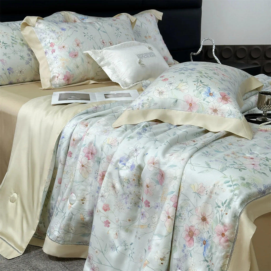 4-Piece Floral Plant Print 500TC Lyocell Summer Comforter Set | Soft Silky Cooling Bedding |