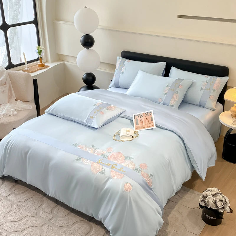 Embroidered Ice Silk Bedding Set - 3 or 4 Piece