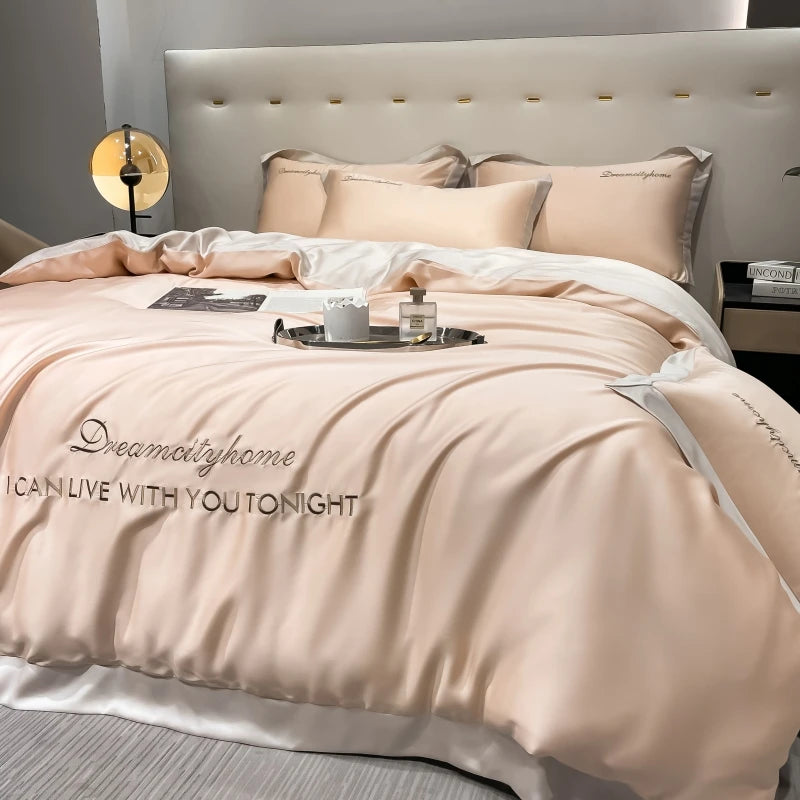 Luxury Letter Embroidered Silky Satin Duvet Cover Bedding Set | Solid Color |