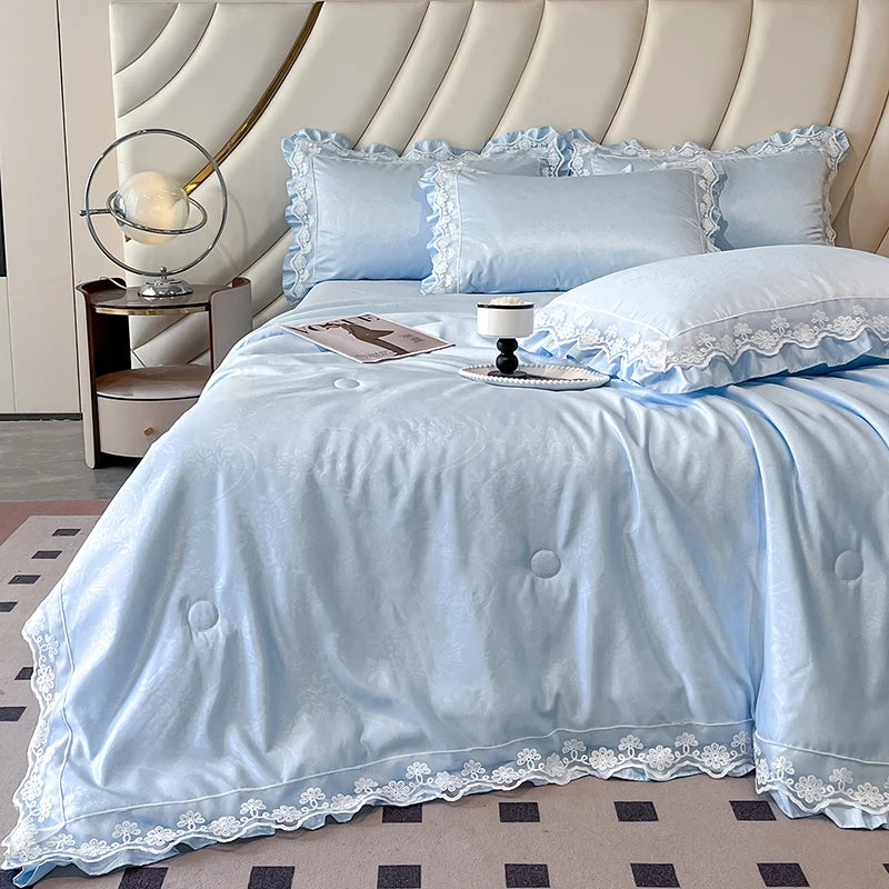 French Jacquard Summer Quilt Set - Snow Lotus Tencel Bedding | 3 or 4 Pieces | Romantic Style