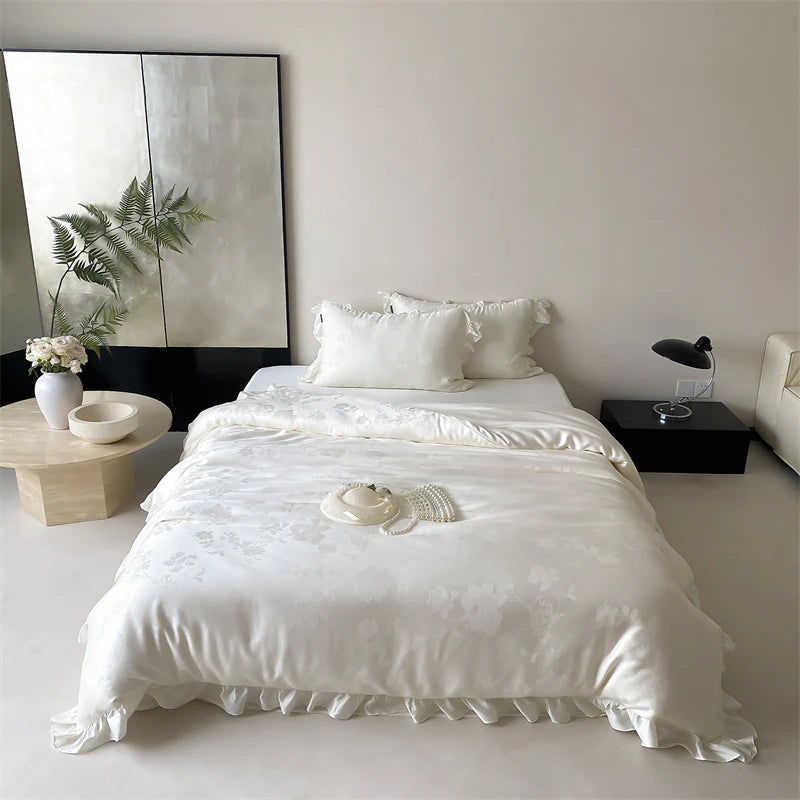 600TC Egyptian Cotton Flowers Jacquard Ruffles Luxury Bedding Set - 4 Pieces