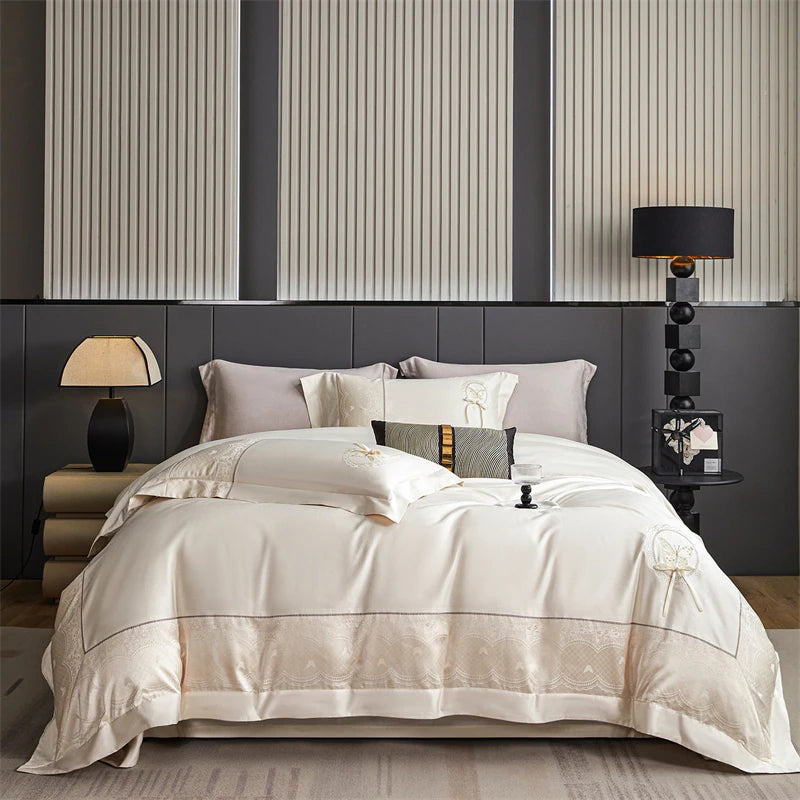 Butterfly Embroidery Jacquard Egyptian Cotton Bedding Set - 4 Pieces | Queen & King Size