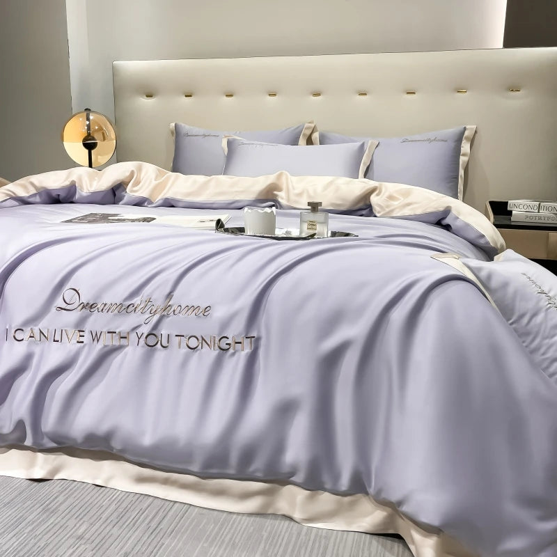 Luxury Letter Embroidered Silky Satin Duvet Cover Bedding Set | Solid Color |