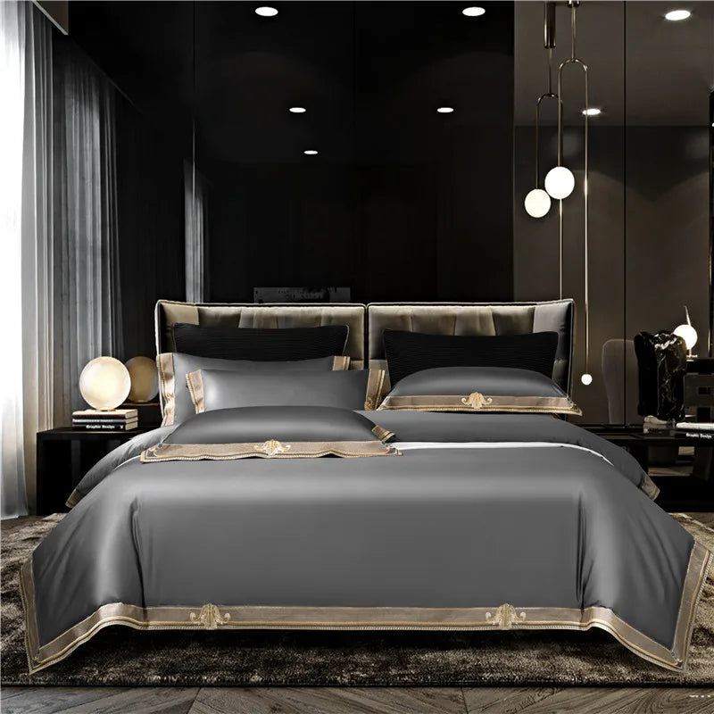 Satin 1200TC Egyptian Cotton Luxury Bedding Set | Gold Embroidery