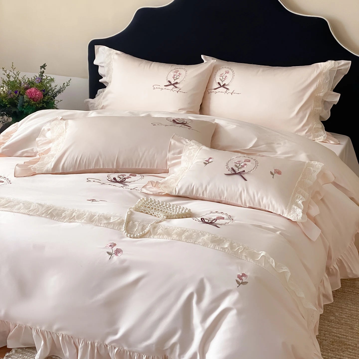 Pink Flowers Embroidery Lace Ruffles Bedding Set - 600TC Egyptian Cotton | 4 Pieces