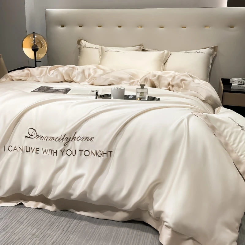 Luxury Letter Embroidered Silky Satin Duvet Cover Bedding Set | Solid Color |