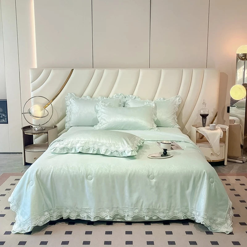 French Jacquard Summer Quilt Set - Snow Lotus Tencel Bedding | 3 or 4 Pieces | Romantic Style