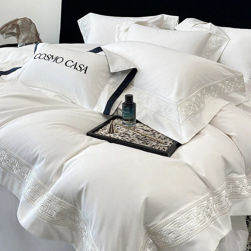 600TC Egyptian Cotton White Luxury Embroidery Set - 4 Pieces