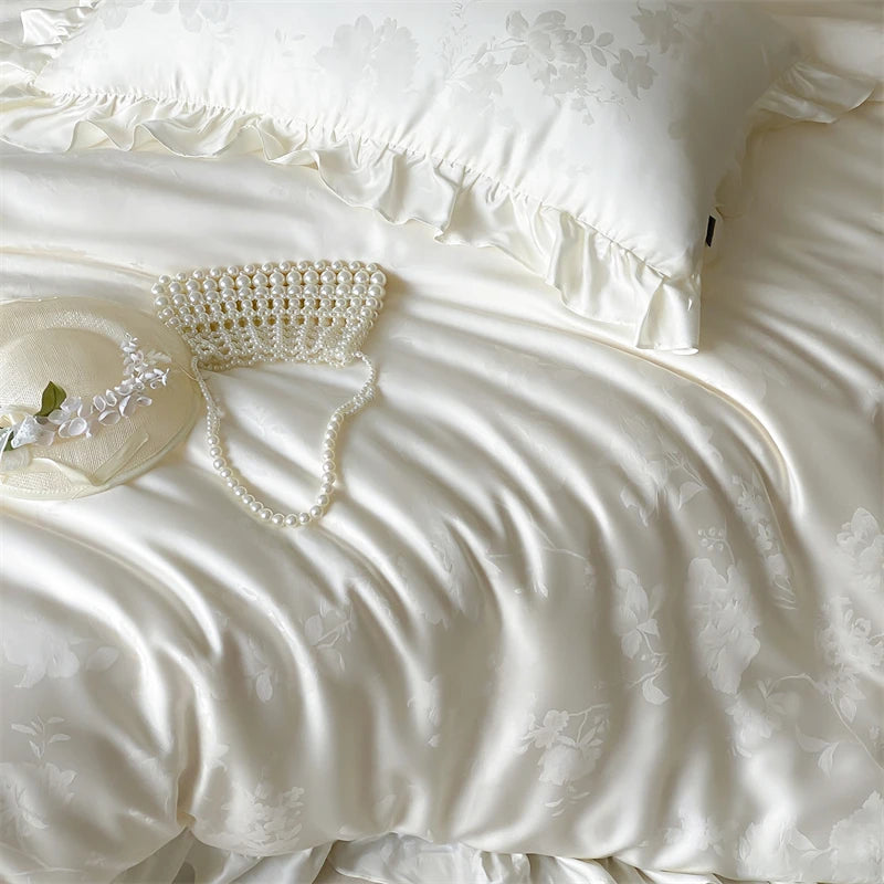 600TC Egyptian Cotton Flowers Jacquard Ruffles Luxury Bedding Set - 4 Pieces