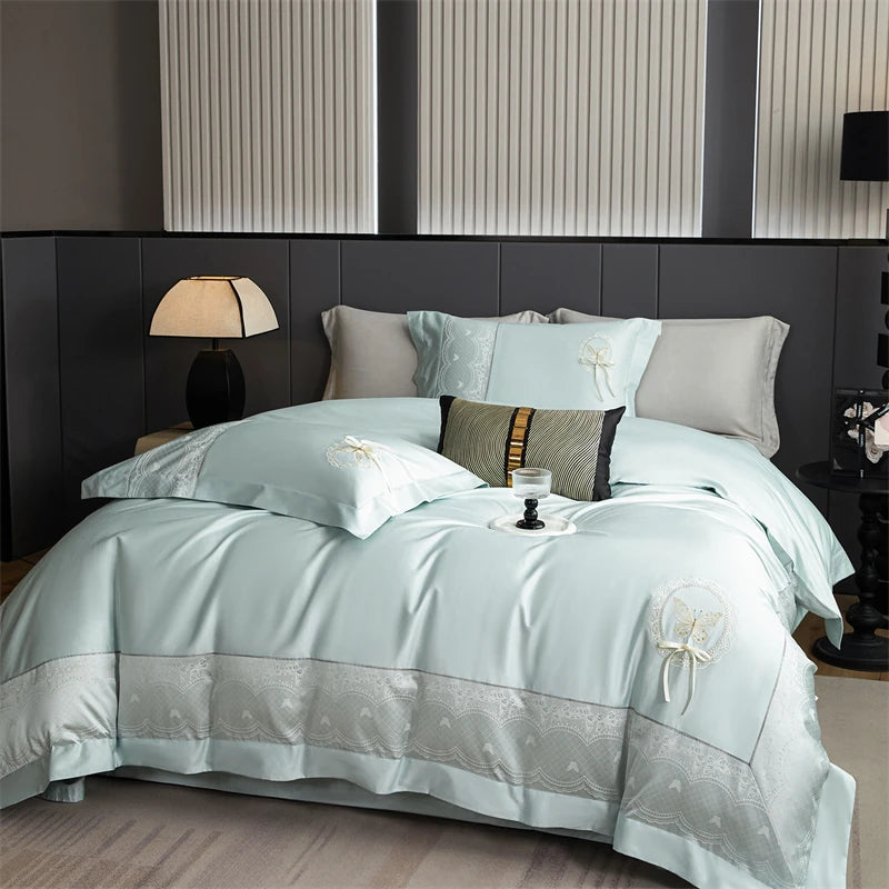 Butterfly Embroidery Jacquard Egyptian Cotton Bedding Set - 4 Pieces | Queen & King Size