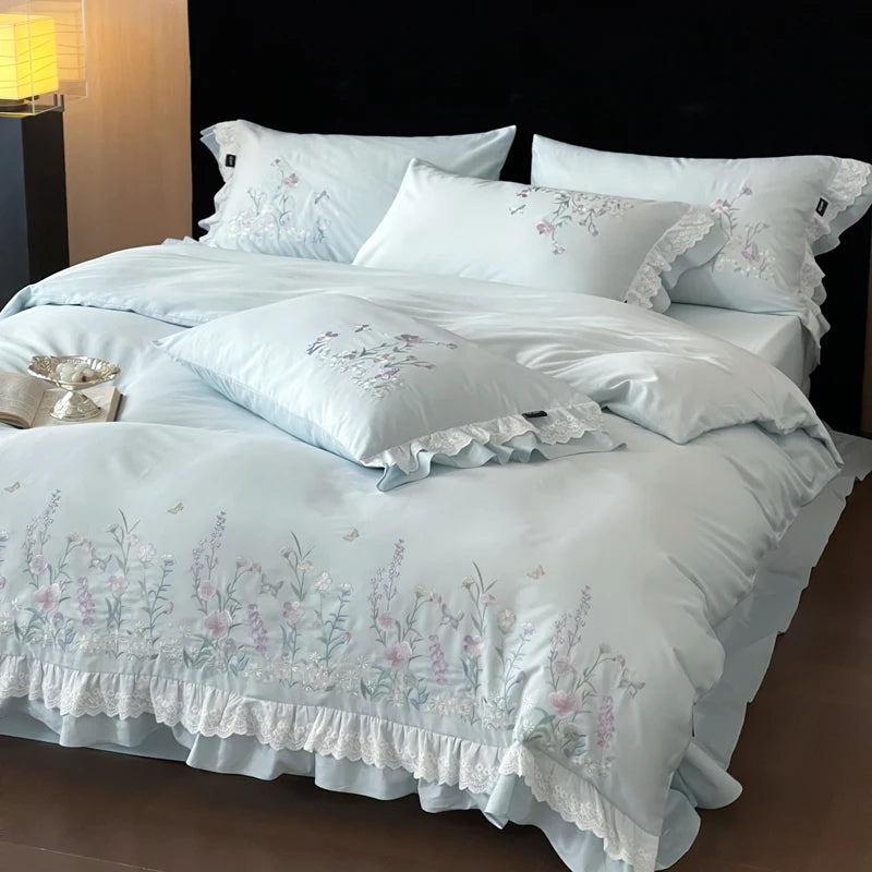 100% Cotton Chic Floral Embroidery Lace Ruffles Korean Princess Style Bedding Set |