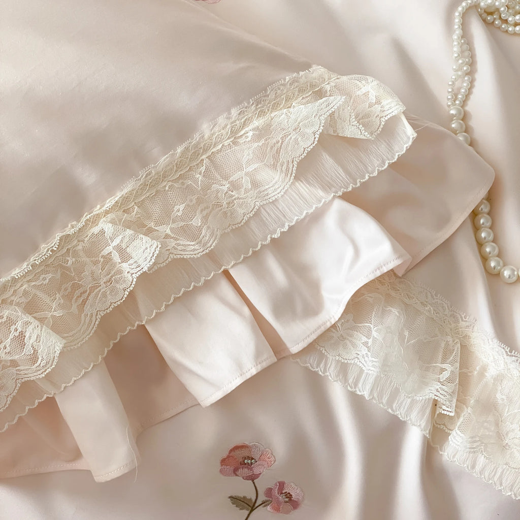 Pink Flowers Embroidery Lace Ruffles Bedding Set - 600TC Egyptian Cotton | 4 Pieces