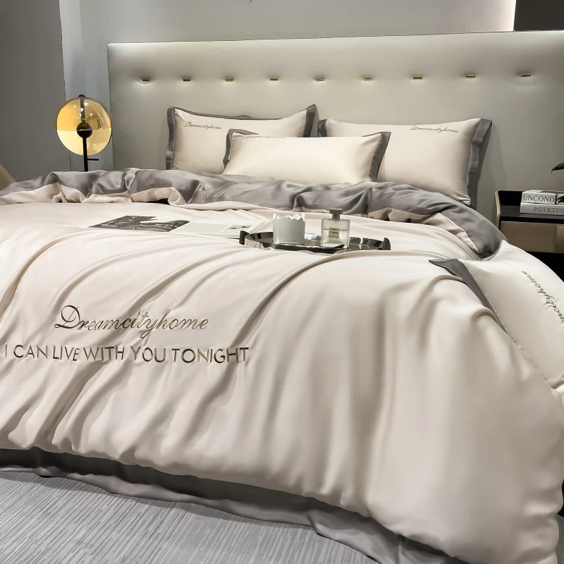 Luxury Letter Embroidered Silky Satin Duvet Cover Bedding Set | Solid Color |