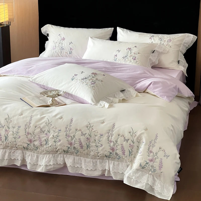 100% Cotton Chic Floral Embroidery Lace Ruffles Korean Princess Style Bedding Set |