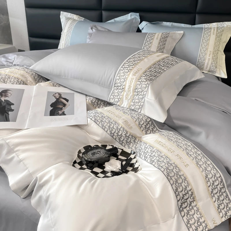 Luxury Embroidery 100% Cotton Bedding Set - Duvet Cover, Bed Sheet & Pillowcase