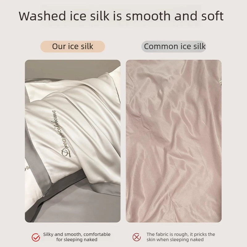 Luxury Letter Embroidered Silky Satin Duvet Cover Bedding Set | Solid Color |