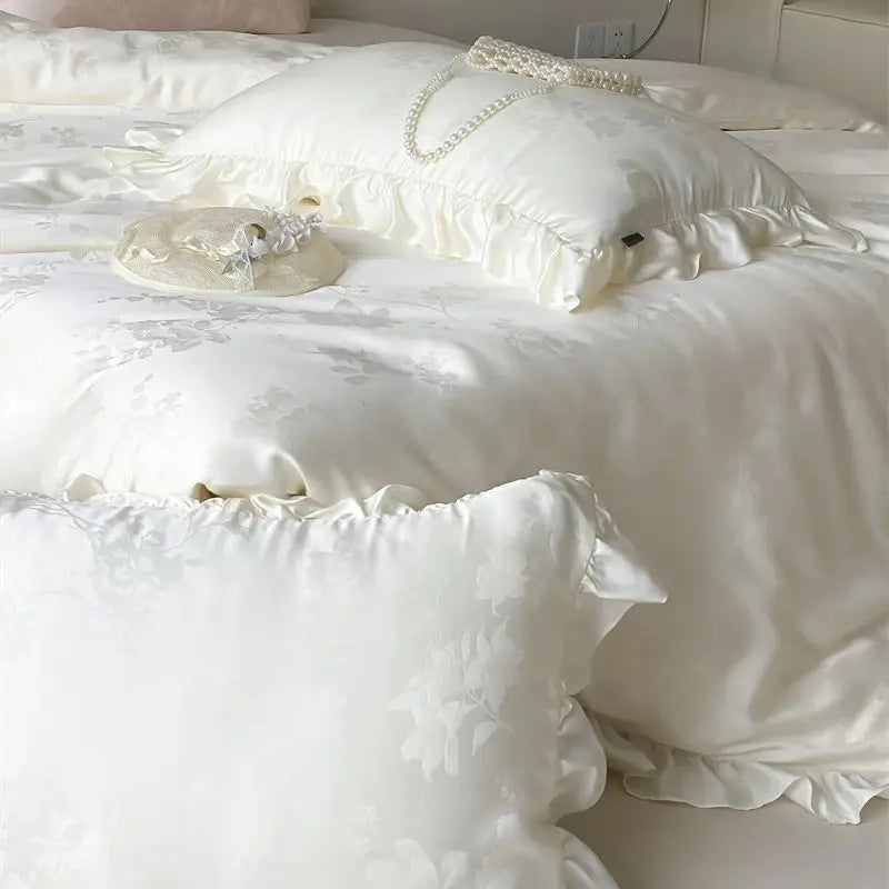 600TC Egyptian Cotton Flowers Jacquard Ruffles Luxury Bedding Set - 4 Pieces