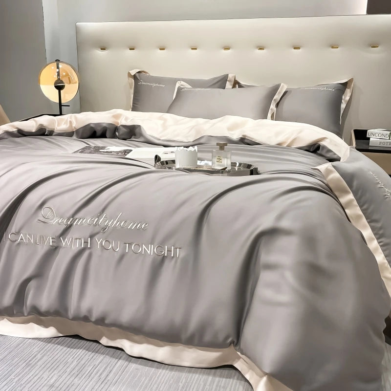 Luxury Letter Embroidered Silky Satin Duvet Cover Bedding Set | Solid Color |