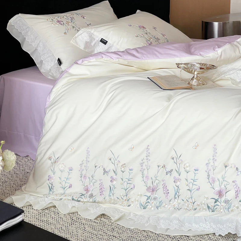 100% Cotton Chic Floral Embroidery Lace Ruffles Korean Princess Style Bedding Set |