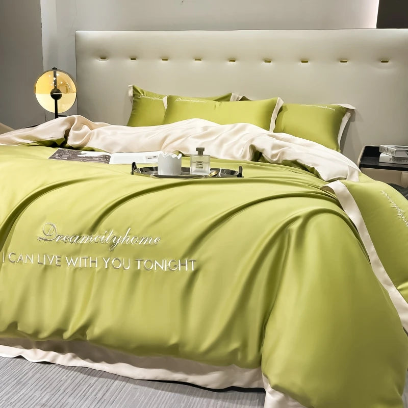 Luxury Letter Embroidered Silky Satin Duvet Cover Bedding Set | Solid Color |