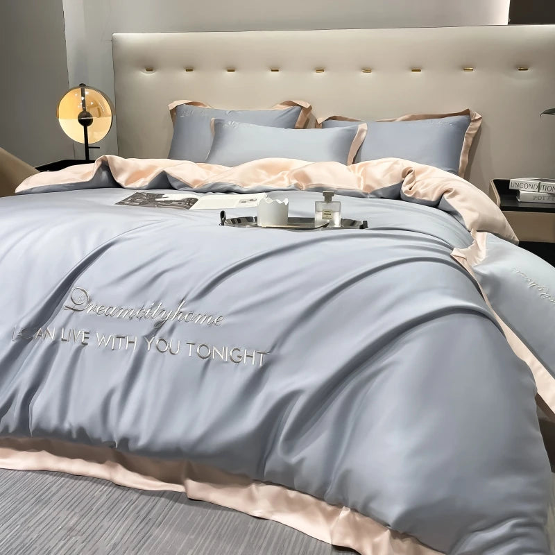 Luxury Letter Embroidered Silky Satin Duvet Cover Bedding Set | Solid Color |