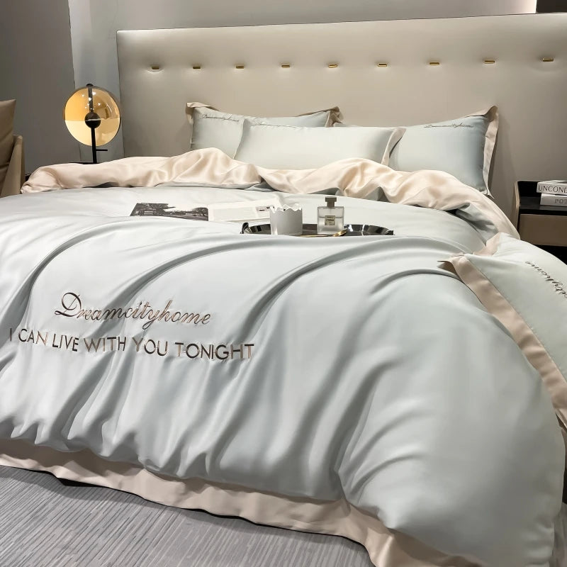 Luxury Letter Embroidered Silky Satin Duvet Cover Bedding Set | Solid Color |