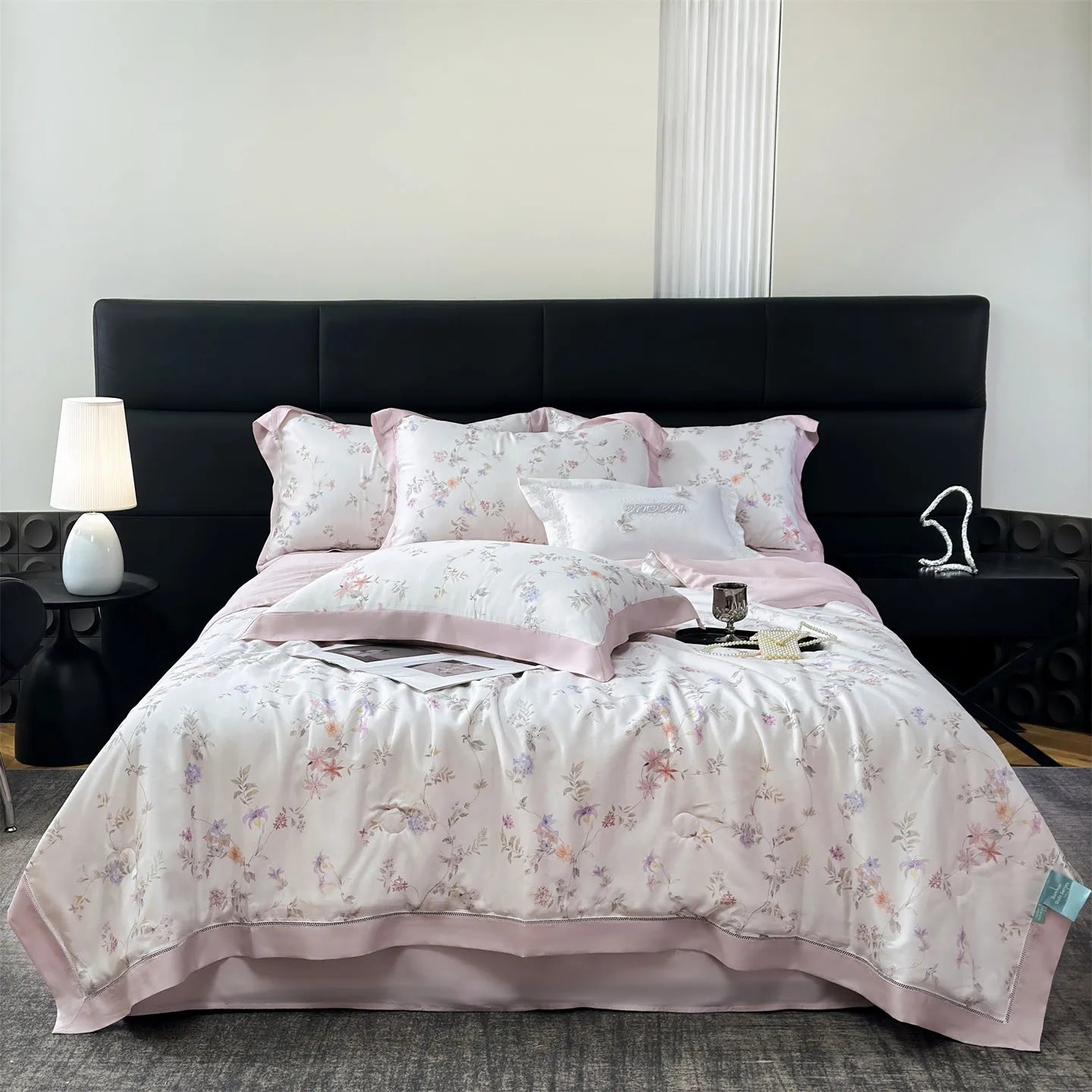 4-Piece Floral Plant Print 500TC Lyocell Summer Comforter Set | Soft Silky Cooling Bedding |