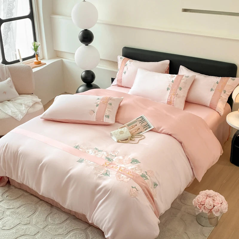 Embroidered Ice Silk Bedding Set - 3 or 4 Piece