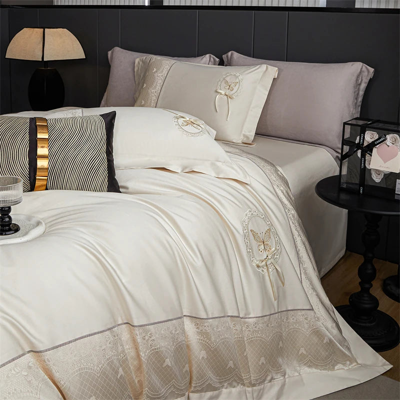 Butterfly Embroidery Jacquard Egyptian Cotton Bedding Set - 4 Pieces | Queen & King Size