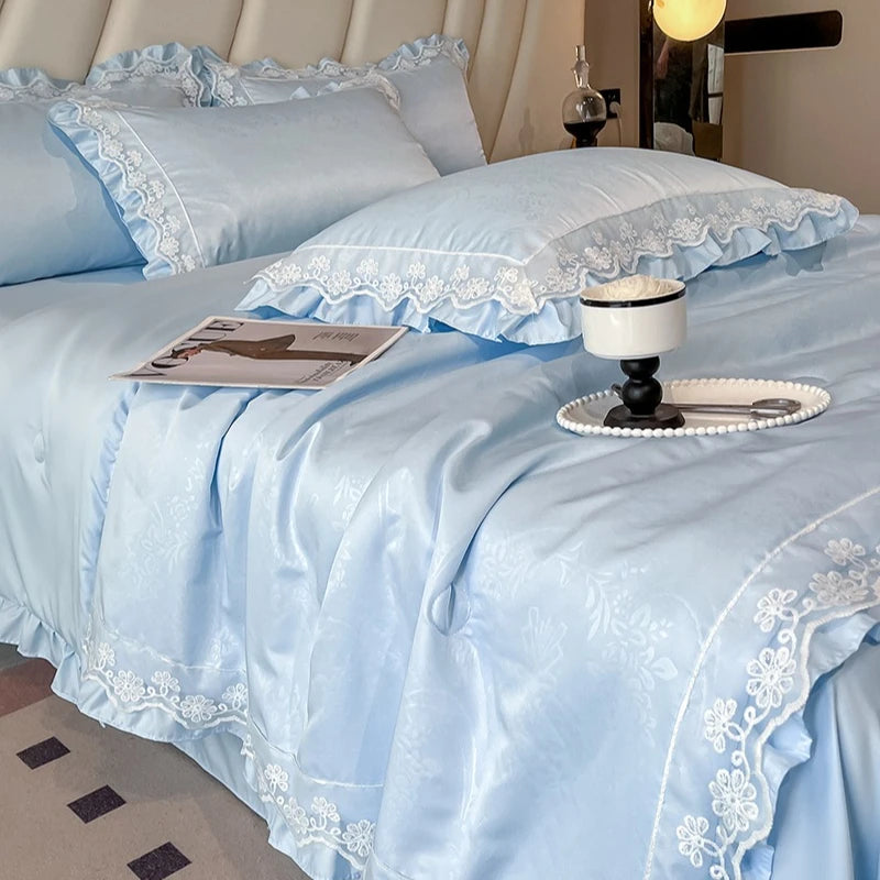 French Jacquard Summer Quilt Set - Snow Lotus Tencel Bedding | 3 or 4 Pieces | Romantic Style