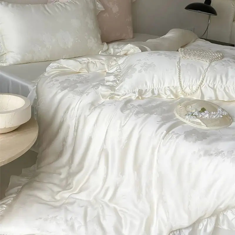 600TC Egyptian Cotton Flowers Jacquard Ruffles Luxury Bedding Set - 4 Pieces
