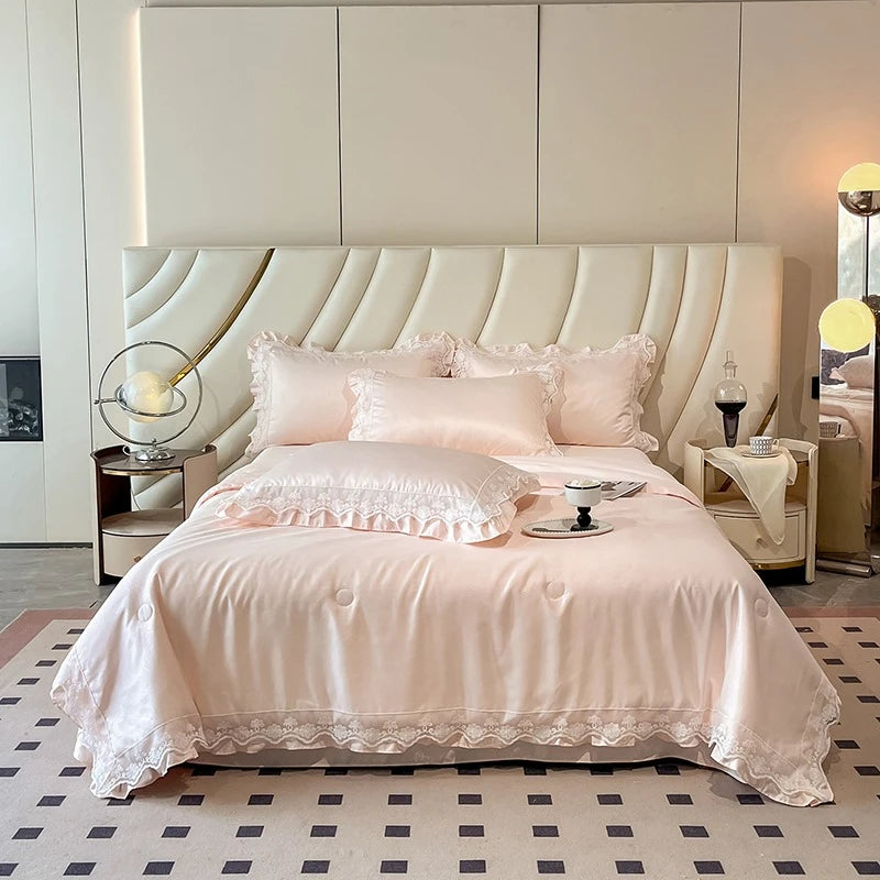 French Jacquard Summer Quilt Set - Snow Lotus Tencel Bedding | 3 or 4 Pieces | Romantic Style